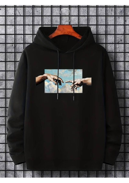 Unisex El Baskılı Oversize Sweatshirt Hoodie