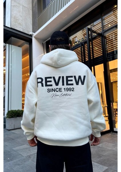 Unisex Beyaz Review Baskılı Oversize Sweatshirt Hoodie