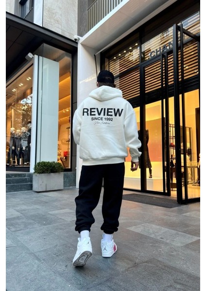 Unisex Beyaz Review Baskılı Oversize Sweatshirt Hoodie fiyatları
