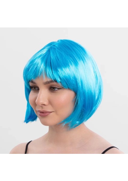 Turkuaz Açık Mavi Renk Düz Kesim Kısa Küt Parti Peruğu modelleri