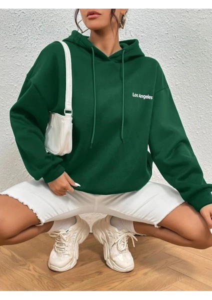 Unisex Yeşil Baskılı Oversize Kapüşonlu Pamuklu Kışlık Sweatshirt Hoodie
