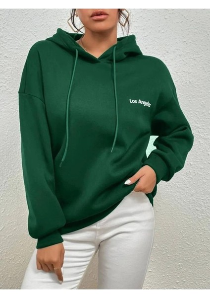Unisex Yeşil Baskılı Oversize Kapüşonlu Pamuklu Kışlık Sweatshirt Hoodie