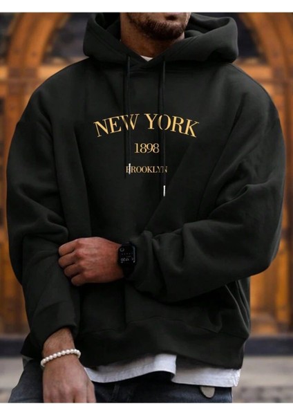 Unisex New York Baskılı Oversize Pamuklu Kapüşonlu Sweatshirt