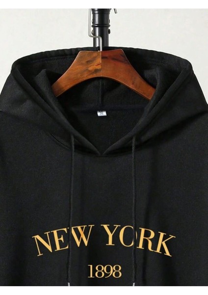 Unisex New York Baskılı Oversize Pamuklu Kapüşonlu Sweatshirt