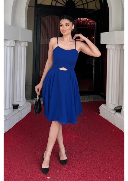 Sifon Kumaş Sırtı Ipli Elbise - Saks Mavi fiyatları