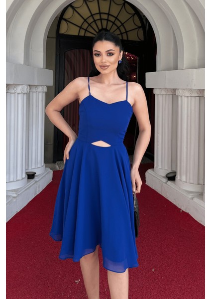 Sifon Kumaş Sırtı Ipli Elbise - Saks Mavi fırsatları