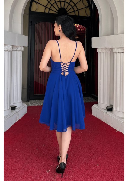 Sifon Kumaş Sırtı Ipli Elbise - Saks Mavi indirimleri