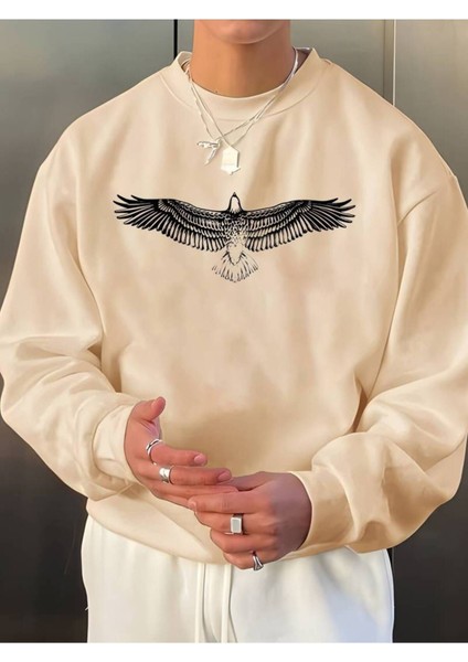 Unisex Kuş Baskılı Oversize Bisiklet Yaha Sweatshirt Hoodie