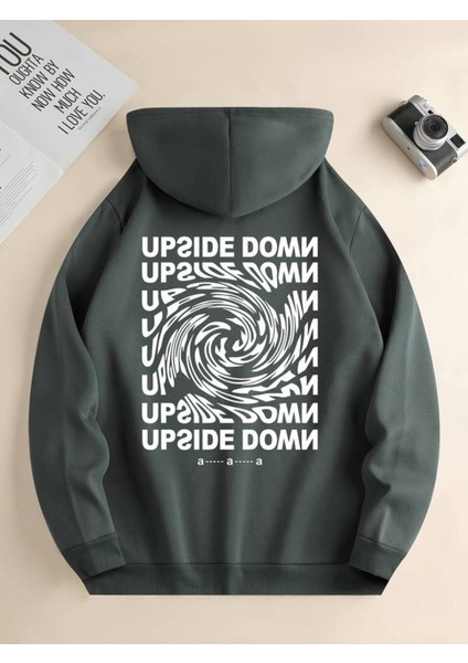 Unisex Upside Domn Baskılı Oversize Kapüşonlu Sweatshirt Hoodie