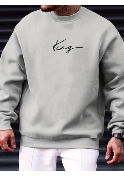 Unisex Antrasit King Baskılı Oversize Bisiklet Yaka Sweatshirt Hoodie