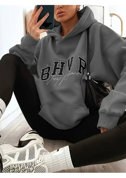 Unisex Bhvr Baskılı Oversize Pamuklu Kapüşonlu Sweatshirt