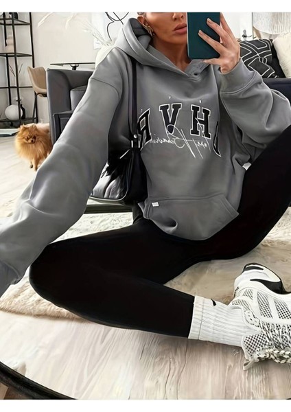 Unisex Bhvr Baskılı Oversize Pamuklu Kapüşonlu Sweatshirt
