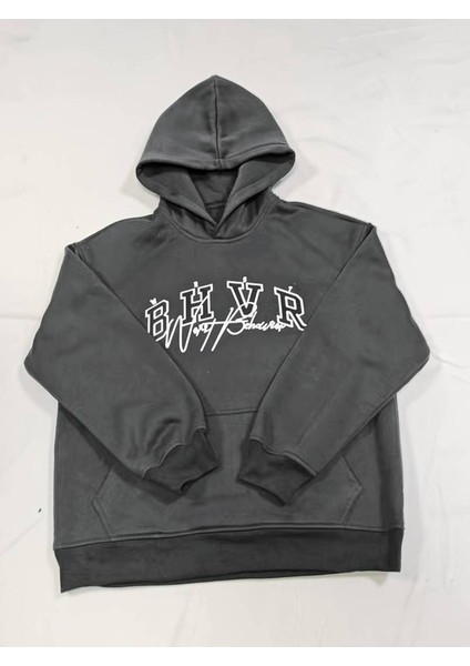 Unisex Bhvr Baskılı Oversize Pamuklu Kapüşonlu Sweatshirt