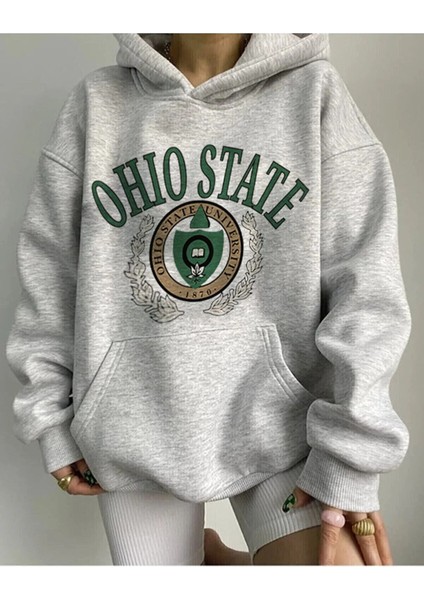 Unisex Gri Baskılı Oversize Kapüşonlu Pamuklu Kışlık Sweatshirt Hoodie