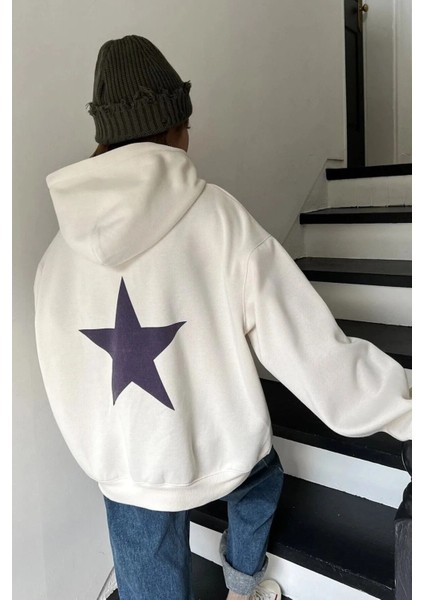 Unisex Yıldız Baskılı Oversize Pamuklu Kışlık Kapüşonlu Sweatshirt Hoodie