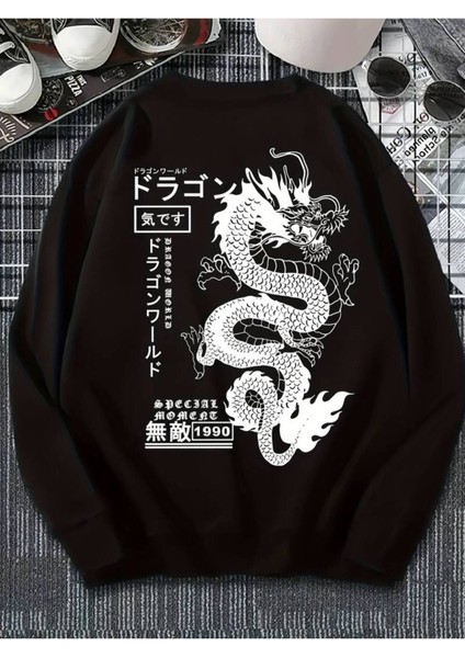 Unisex Dragon Baskılı Oversize Bisiklet Yaha Sweatshirt Hoodie