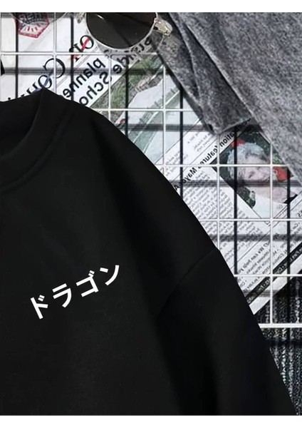 Unisex Dragon Baskılı Oversize Bisiklet Yaha Sweatshirt Hoodie