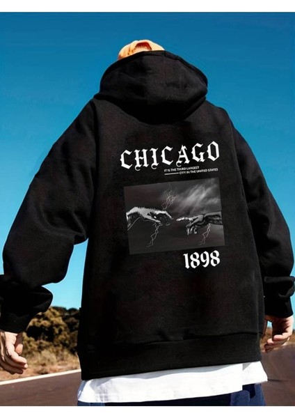 Unisex Chicago Baskılı Oversize Sweatshirt Hoodie