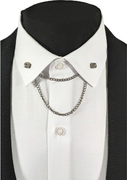 Koyu Gümüş Gri Çerçeve Içinde Kristal Taşlı Metal Gömlek Yaka Iğnesi Yaka Zinciri