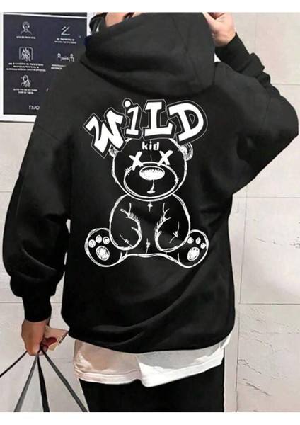 Unisex Wild Baskılı Oversize Pamuklu Kapüşonlu Sweatshirt