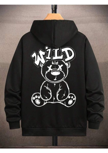 Unisex Wild Baskılı Oversize Pamuklu Kapüşonlu Sweatshirt