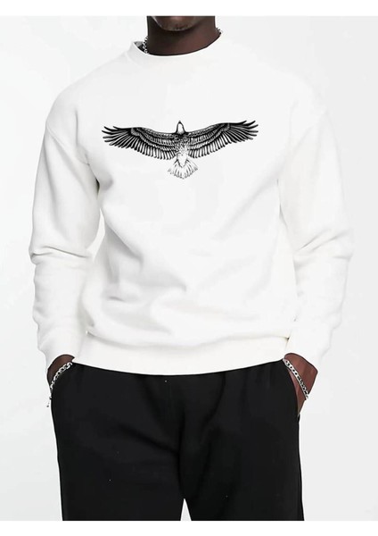 Unisex Kuş Baskılı Oversize Bisiklet Yaha Sweatshirt Hoodie