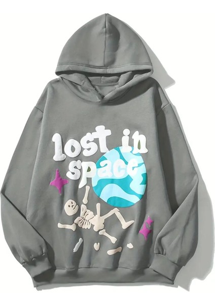 Unisex Antrasit Lost In Space Baskılı Oversize Sweatshirt Hoodie