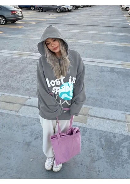 Unisex Antrasit Lost In Space Baskılı Oversize Sweatshirt Hoodie