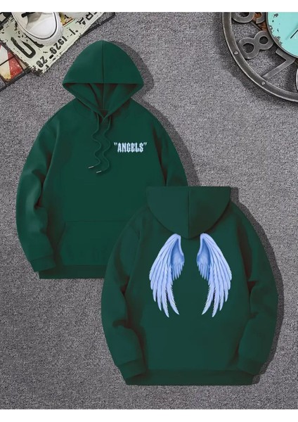 Unisex Nefti Yeşil Angels Kanat Baskılı Oversize Sweatshirt Hoodie