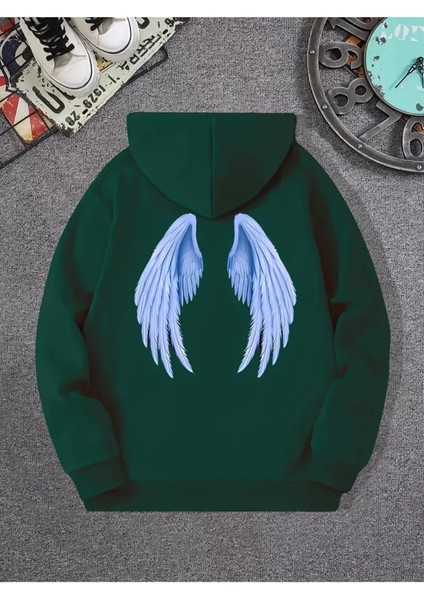Unisex Nefti Yeşil Angels Kanat Baskılı Oversize Sweatshirt Hoodie fiyatları