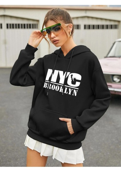 Unisex Siyah Nyc Brooklyn Baskılı Oversize Sweatshirt Hoodie