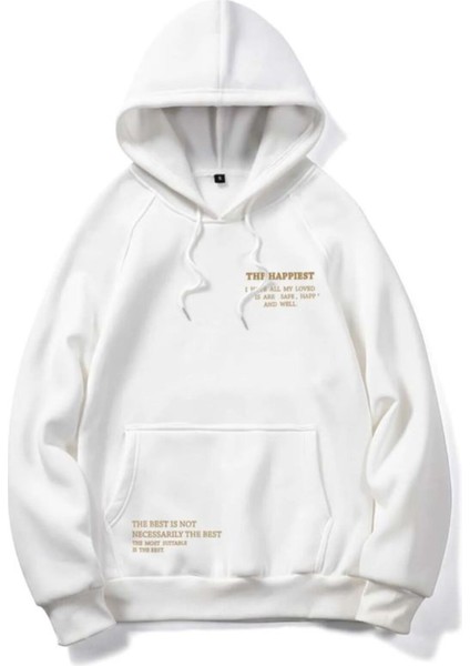 Unisexbeyaz Happiest Baskılı Oversize Kapüşonlu Sweatshirt