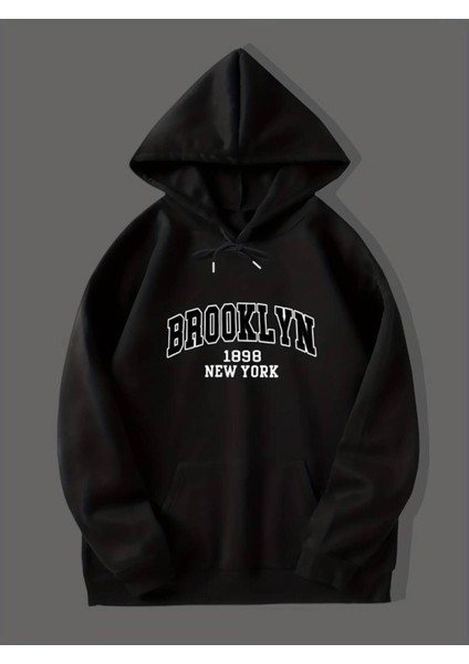 Unisex Siyah Brooklyn Baskılı Oversize Sweatshirt Hoodie