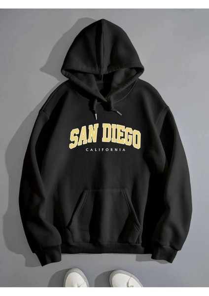 Unisex Siyah San Diego Baskılı Oversize Sweatshirt Hoodie
