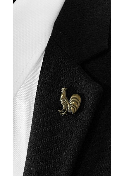Horoz Figürlü Bronz Renginde Ceket Yaka Iğnesi Broş