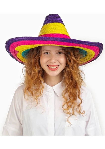 Sombrero Meksika Şapkası Renkli Örme Hasır Çocuk Boy