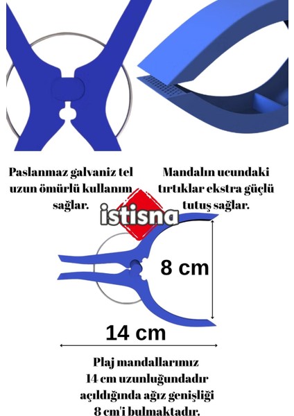 8 Adet Xxl Büyük Boy Şezlong Plaj Havlusu Mandalı Halı Asma Battaniye ve Havlu Tutucu Mandal
