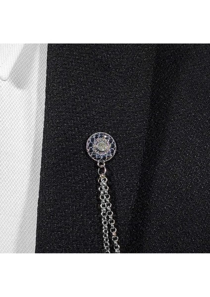 Lacivert Taş Detaylı Yuvarlak Formda Metal Ceket Yaka Iğnesi Yaka Zinciri modelleri