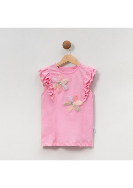 Kız Çocuk Çiçekli Fırfırlı Kısa Kollu %100 Pamuklu T-Shirt