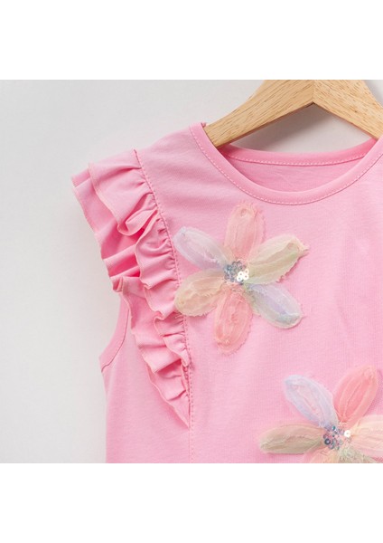 Kız Çocuk Çiçekli Fırfırlı Kısa Kollu %100 Pamuklu T-Shirt fiyatları