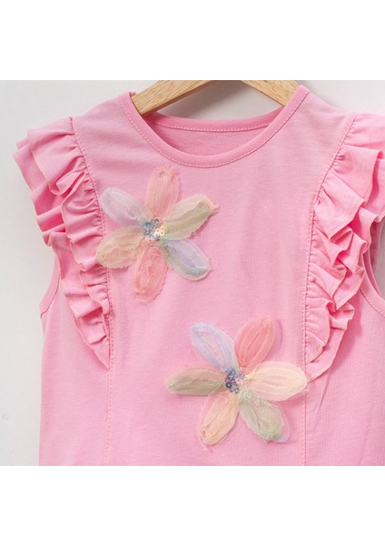 Kız Çocuk Çiçekli Fırfırlı Kısa Kollu %100 Pamuklu T-Shirt modelleri
