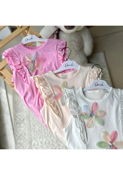 Kız Çocuk Çiçekli Fırfırlı Kısa Kollu %100 Pamuklu T-Shirt indirimleri