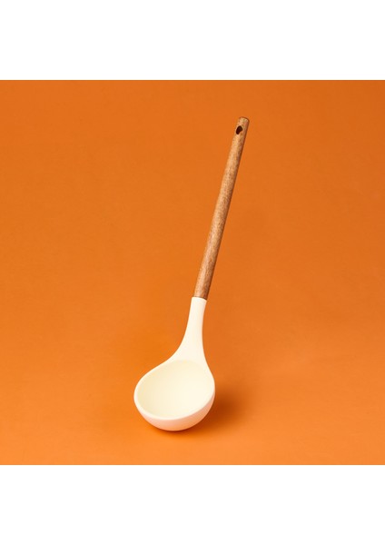 Ahşap Saplı Silikon Kepçe - Krem / Kahverengi