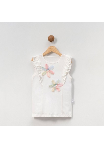 Kız Çocuk Çiçekli Fırfırlı Kısa Kollu %100 Pamuklu T-Shirt