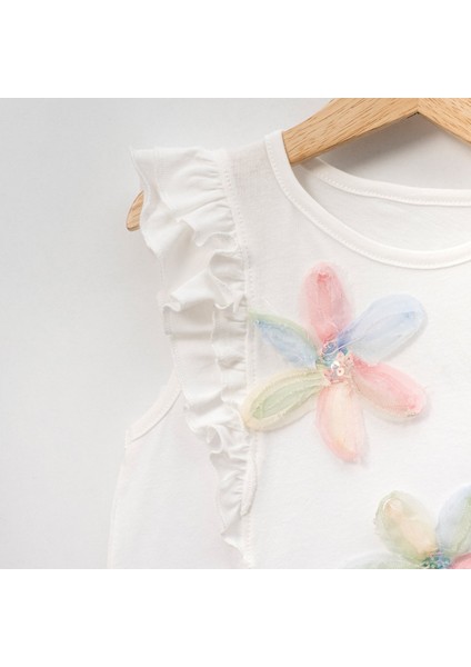 Kız Çocuk Çiçekli Fırfırlı Kısa Kollu %100 Pamuklu T-Shirt fiyatları
