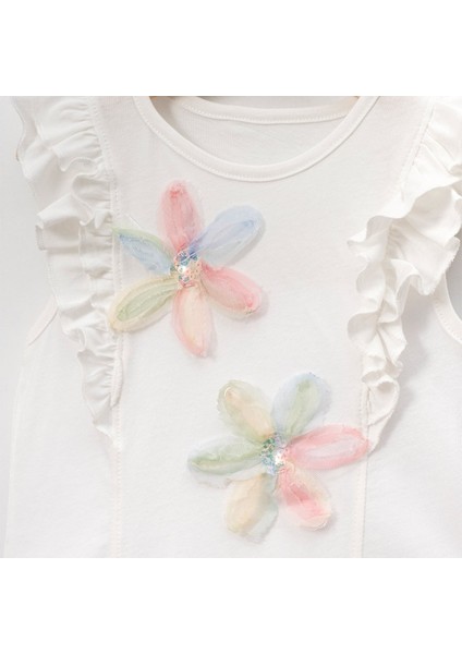 Kız Çocuk Çiçekli Fırfırlı Kısa Kollu %100 Pamuklu T-Shirt modelleri