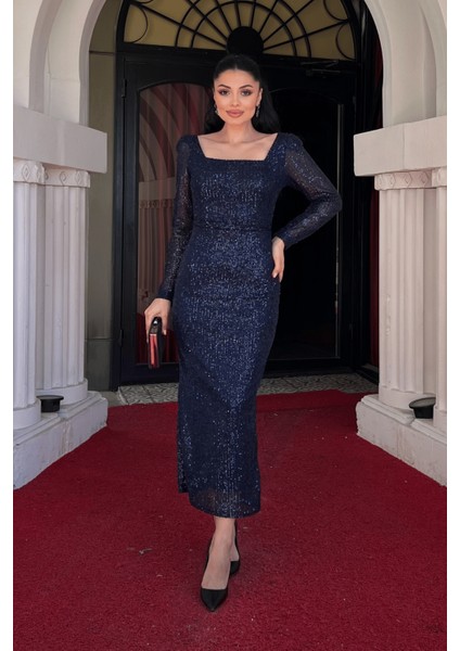 Payet Kumaş Kare Yaka Kalem Elbise - Lacivert