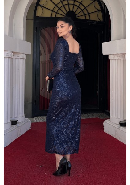 Payet Kumaş Kare Yaka Kalem Elbise - Lacivert indirimleri