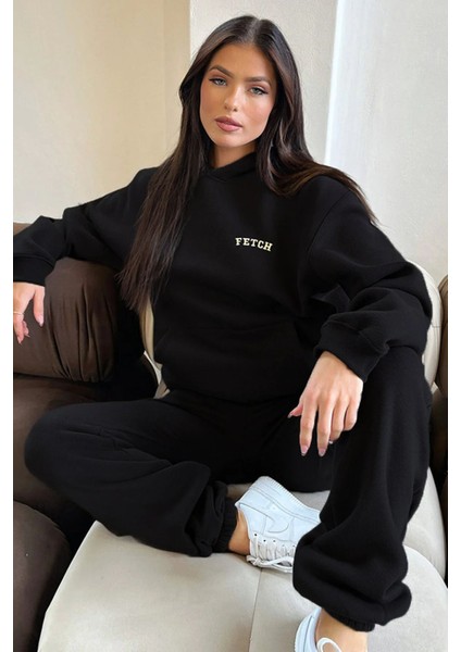Unisex Siyah Fetch Baskı Oversize Alt Üst Eşofman Takımı