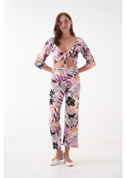 Çiçek Desenli Penye Bluz Pantalon Takım